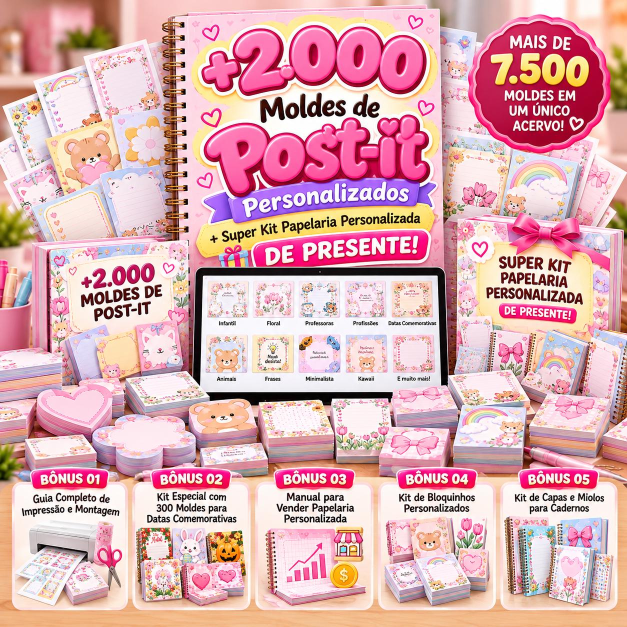 Mockup com pilhas de post-its personalizados, cadernos e agendas do acervo
